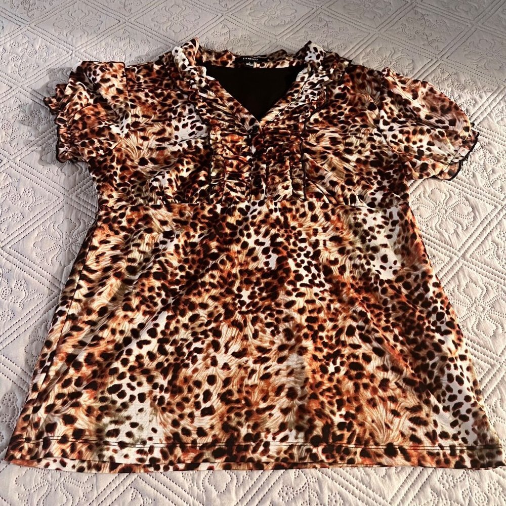 Elementz Women's Animal Print Brown Blouse‎ Short Sleeve Top Size L